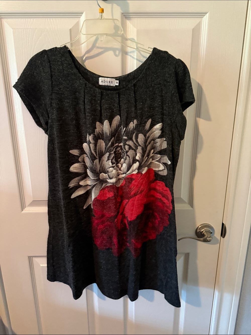 Adore Charcoal Short Sleeve Tee with Red and White Floral Print